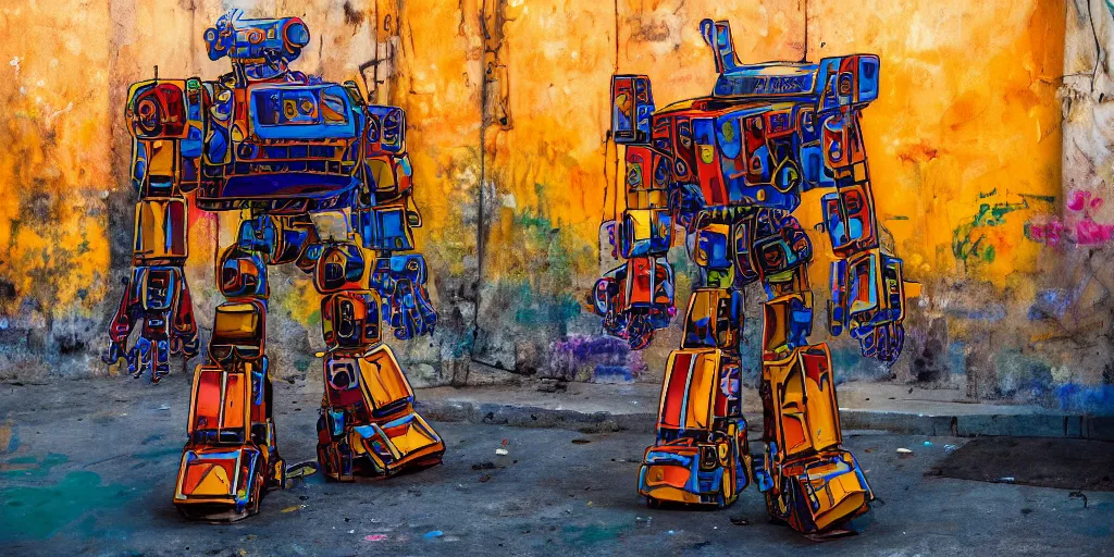 Image similar to colourful - damaged - giant mecha ROBOT of neon lit AJEGUNLE SLUMS of Lagos, markings on robot, Golden Hour,