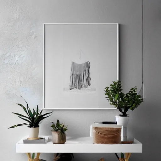 Prompt: a minimalist mockup photo with one large frame, in a white clear boho style floor, only white and beige colors, well lit, low contrast, trending on pinterest