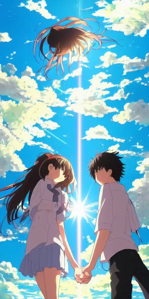 Image similar to a man and a woman holding hands under a beautiful sun drawn like the anime Your Name anime, intricate, psychedelic,