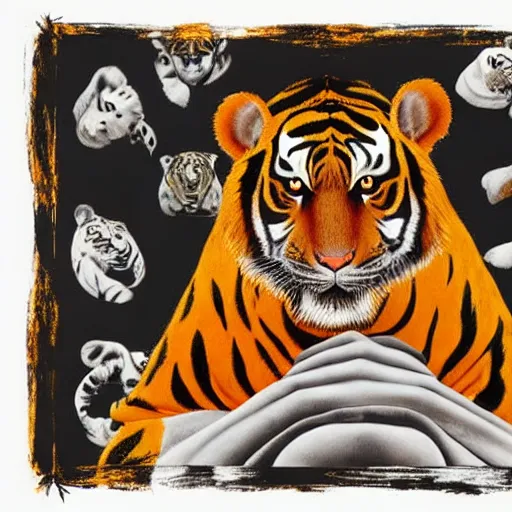 Image similar to man anthropomorphic portrait furry orange ears Mike tyson the champion camouflaged as a tiger wearing a black shirt norman rockwell robert rauschenberg nelson shanks giorgio de chirico