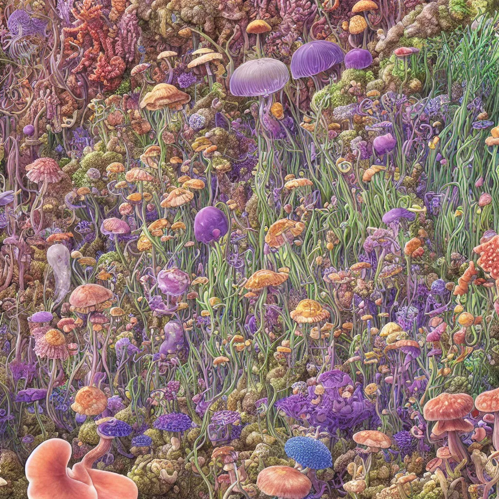 Image similar to highly detailed illustration of all the known species of plants, flowers, corals, mushrooms and jellyfish by juan gatti, by makoto shinkai, by moebius!, by oliver vernon