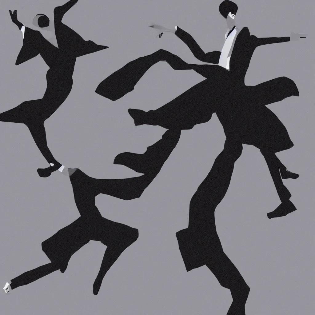 Prompt: a photorealistic illustration of a man dancing in a black Issey Miyake dress