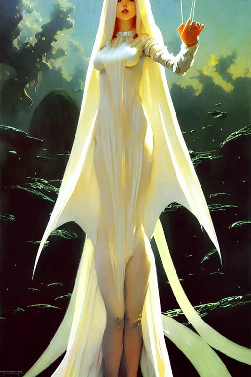 Prompt: pulp scifi fantasy illustration full body android girl, very long white hair, cape, futuristic design, crafting, diy, by norman rockwell, roberto ferri, daniel gerhartz, edd cartier, jack kirby, howard brown, ruan jia, tom lovell, jacob collins, dean cornwell, astounding stories, amazing, fantasy, other worlds