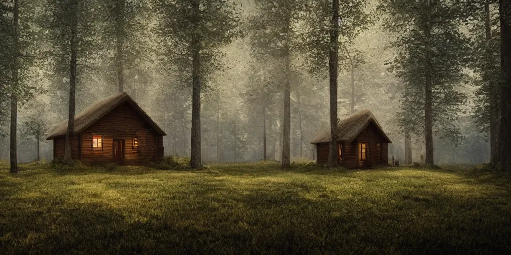 Image similar to a cottage in the woods and empty woods, 8k, fantasy, hyper realistic, dramatic lighting, cinematic