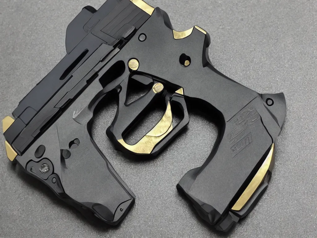 Image similar to futuristic sig sauer p226 made of brushed metal, chrome and carbon, intricate gold linings