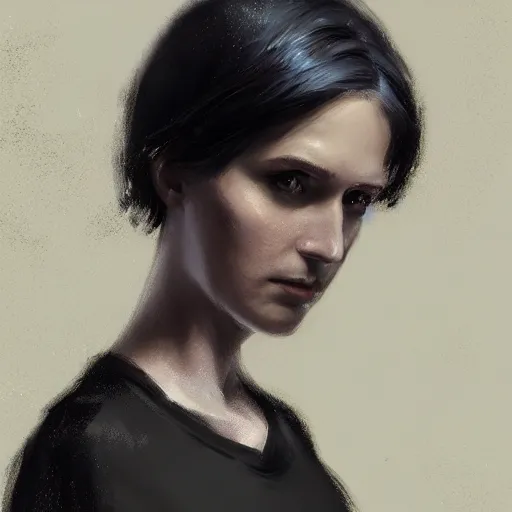 Prompt: Portrait of a woman by Greg Rutkowski, she is about 30 years old, pretty, messy black bob hair, pale round face, tired eyes, she is wearing a black utilitarian jumper jumpsuit, highly detailed portrait, digital painting, artstation, concept art, smooth, sharp foccus ilustration, Artstation HQ.