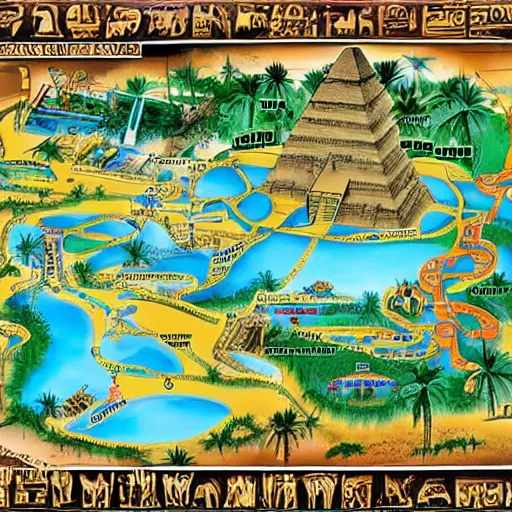 Prompt: ancient egyptian pyramids waterpark map, hieroglyphics