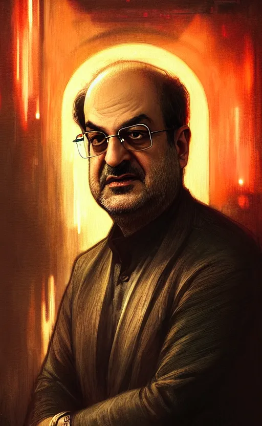 Image similar to portrait of salman rushdie in the dark, deep focus, blade runner 2 0 4 9, fantasy, intricate, elegant, highly detailed, digital painting, artstation, concept art, matte, sharp focus, illustration, art by artgerm and greg rutkowski and alphonse mucha