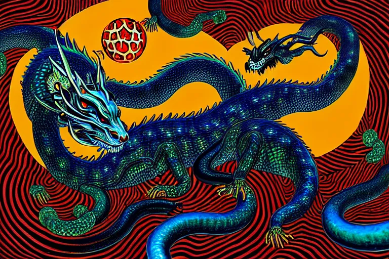 Image similar to a detailed digital art painting of a cyberpunk magick oni dragon with occult futuristic effigy of a beautiful field of mushrooms that is a adorable leopard atomic latent snakes in between ferret biomorphic molecular hallucinations in the style of escher, alex grey, stephen gammell inspired by realism, symbolism, magical realism and dark fantasy, crisp,