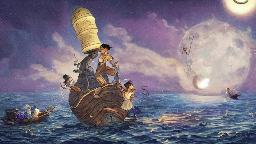 Image similar to a large!! surfacing anglerfish!!!! meets a lantern - holding!!!! sailor!!!! on a ( sloop ), ( background with large full moon and purple sky ), in the styles of tom coletti, jorge jacinto, and thomas veyrat intricate, accurate details