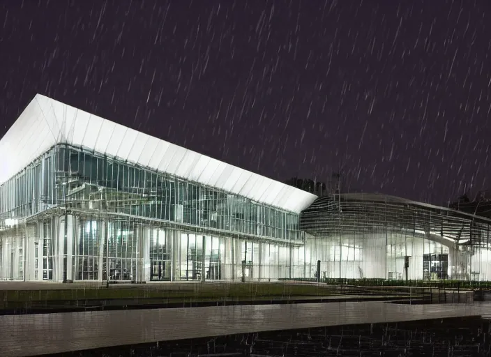 Prompt: mercedes exhibition center exterior at night with rain with large screens designed by antoni gaudi, and concept art