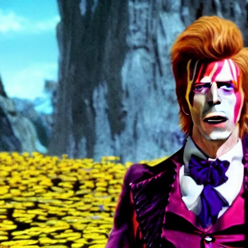 Prompt: photorealistic movie still of David Bowie as Willy Wonka 4k HDR amazing lighting