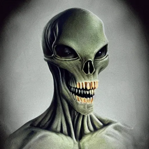 Image similar to alien looking, skull like, big forehead, horrifying, killer, creepy, dead, monster, tall, skinny, open mouth, deathly, old picture