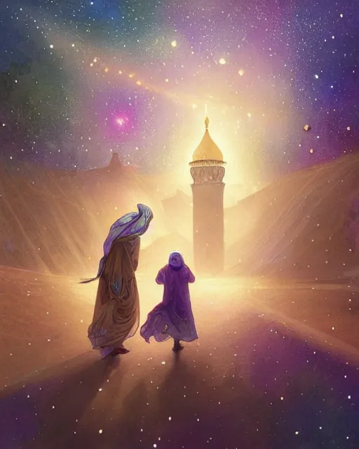 Image similar to bedouin man and woman and child, quran falling from the sky in galaxy walking towards mosque surrounded by nebula, highly detailed, gold filigree, romantic storybook fantasy, soft cinematic lighting, award, disney concept art watercolor illustration by mandy jurgens and alphonse mucha and alena aenami, pastel color palette, featured on artstation