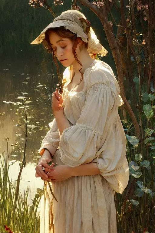 Image similar to beautiful cottagecore young peasant maiden, innocent, intricate, elegant, highly detailed, digital painting, artstation, concept art, smooth, sharp focus, illustration, art by artgerm and greg rutkowski and alphonse mucha