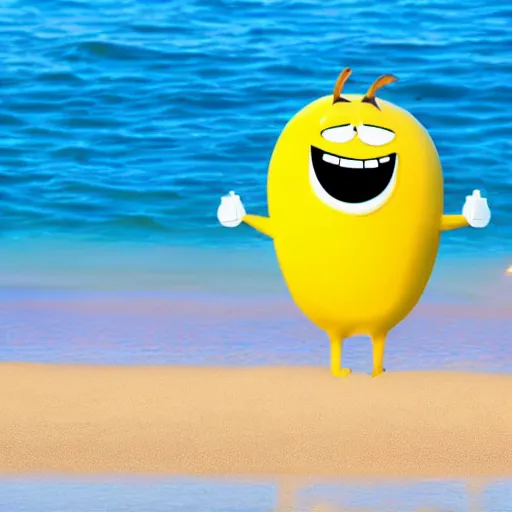 Image similar to happy lemon animated character enjoying relaxing sunny beach