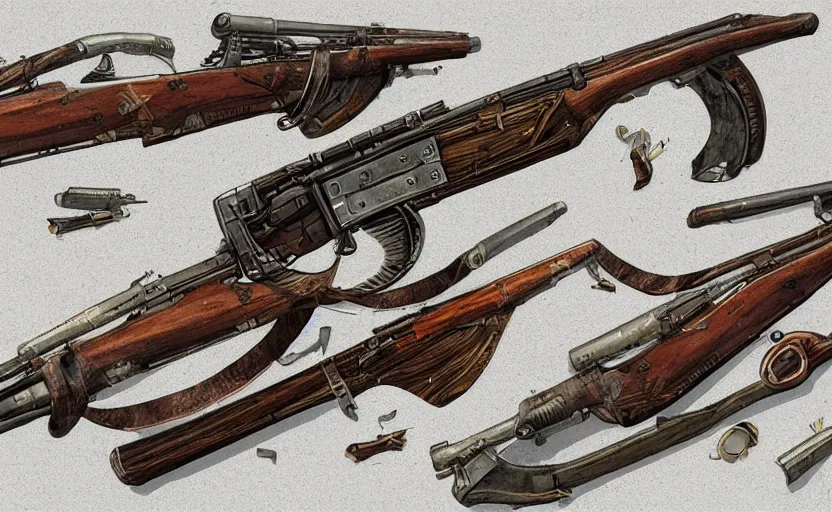 Image similar to Digital drawing of a muzzleloaded flintlock AK47 rifle from the site grabAgun, gunbroker, white background, firearms, professional gunsmithing, top down drawing, gun auction, 4k. high quality, concept art, art by Jean Giraud and Shirow Masamune, gun art reference, postapocalyptic