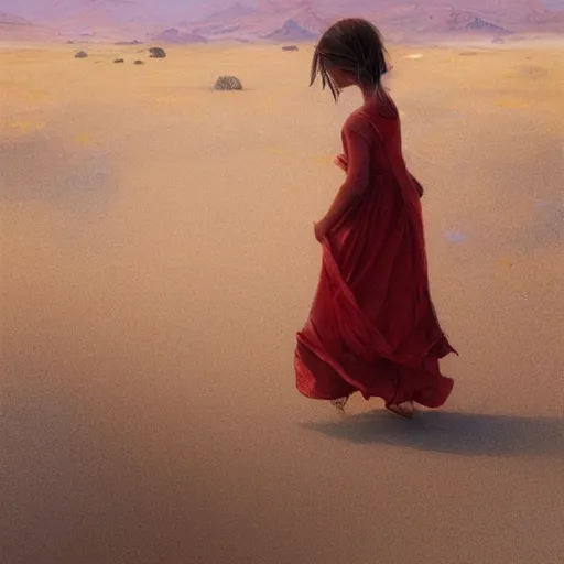 Image similar to a little girl with a red dress walking on the desert geog darrow greg rutkowski