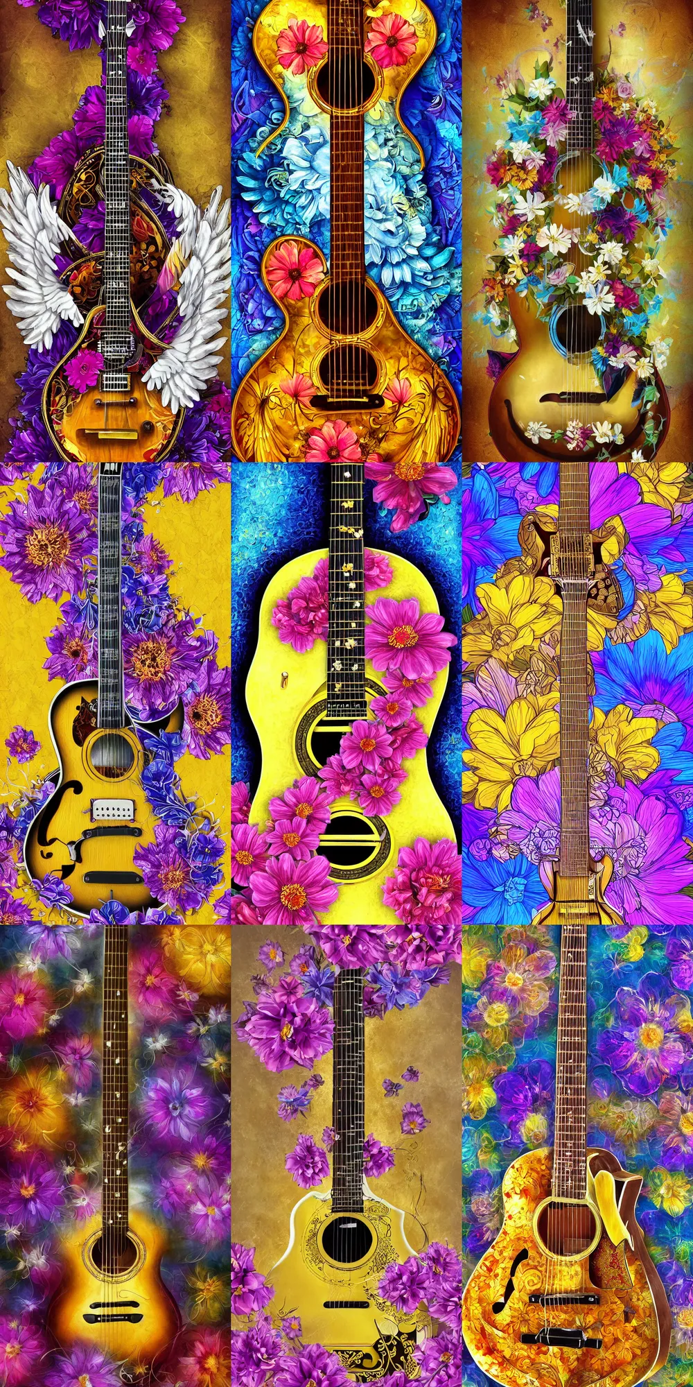 Prompt: high detailed digital painting of a gibson electric guitar, beautiful flowers, angel wings, symmetrical guitar, golden ratio, rule of thirds, flowers in background, flowerpunk, guitarcore, elegant, volumetric light