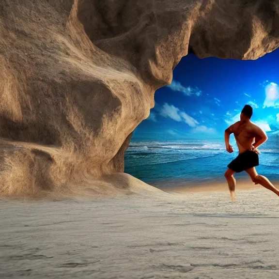 Image similar to jogger running on the beach, science fiction matte painting, highly detailed,