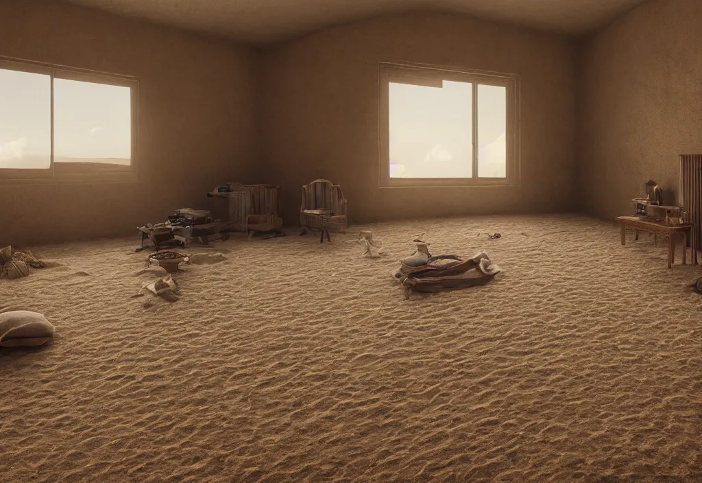 Prompt: kodak portra 4 0 0 photographic and realistic, interior of a living room, detailed, octane render, unreal engine, 4 k, artstation, hyper realistic, wide angle, floor flooded with sand, desert, dunes, objects partially buried, 3 5 mm, sharp focus, soft light, volumetric light, in the style of gregory crewdson