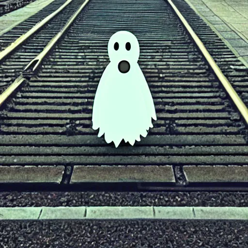 Prompt: a scary looking but very friendly transparent ghost at a train station in the style of a ghibli movie