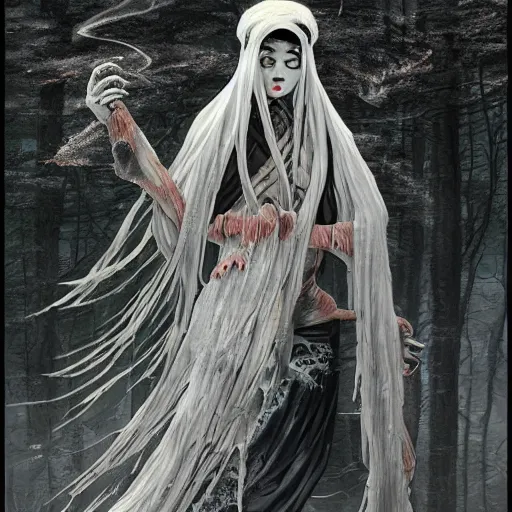 Image similar to black smoke creepy yuki - onna, 8 k resolution, horror creepy predator, trending on artstation, james gurney, ferdinand knab,