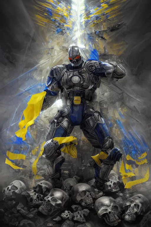 Image similar to a full body shot from distance of a super soldier with a Ukrainian blue and yellow stripes flag standing in the beam of light from the clouds on a pile of skulls and rotten cars as a winner, masculine figure, D&D, fantasy, intricate, elegant, highly detailed, digital painting, artstation, concept art, matte, sharp focus, symmetrical, illustration, hyperrealistic, art by Artgerm and Greg Rutkowski and Alphonse Mucha