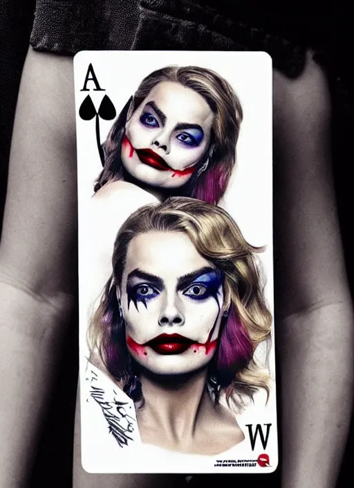 Prompt: beautiful margot robbie with joker makeup tattoo design, holding an ace card, black and white, realism tattoo, hyper realistic