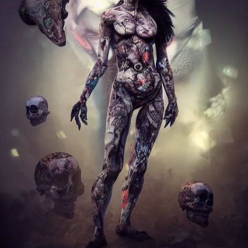 Image similar to full body pose, hyperrealistic mixed media painting of beautiful skull woman, dim volumetric lighting, 8 k, octane beautifully detailed render, extremely hyper detailed, intricate, epic composition, cinematic lighting, masterpiece, trending on artstation, very very detailed, masterpiece, stunning, hdr, smooth, sharp focus, high resolution, award, winning photo, dslr, 5 0 mm