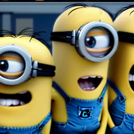 Prompt: minions rob a bank, security camera footage