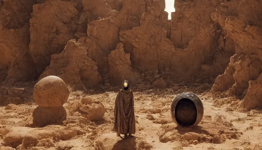 Image similar to levitating bene gesserit with full - face golden mask in a dry rocky desert landscape, alien ruins designed by giger, giant abandoned alien city by alejandro jodorowsky, anamorphic lens, kodakchrome, practical effects, masterpiece, 8 k