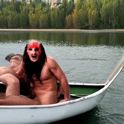 Prompt: putin as old gregg with a mangina, on a boat on a lake