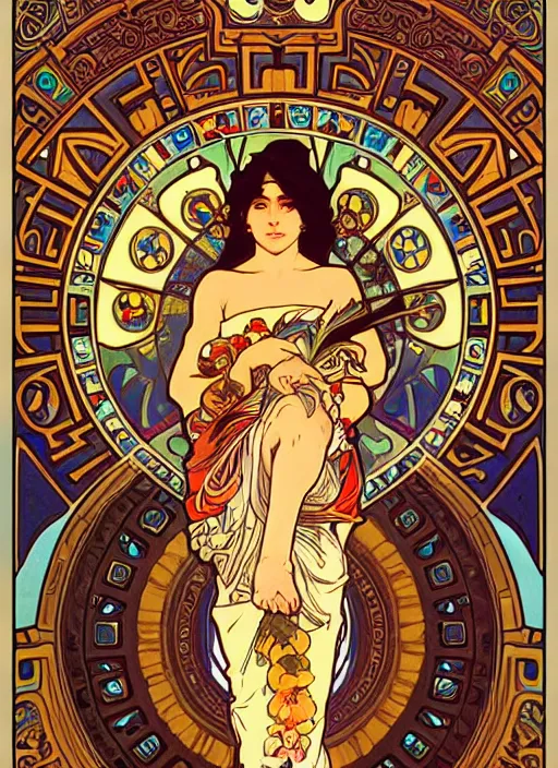 Image similar to wide angle shot inca calender stone carvings intricate elegant highly detailed centered digital painting artstation concept art, alphonse mucha, james jean