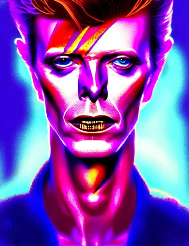 Image similar to portrait of david bowie, intricate, perfect anatomy, neon lighting, highly detailed, digital photography, artstation, stylish pose, concept art, smooth, sharp focus, illustration, art by artgerm and greg rutkowski