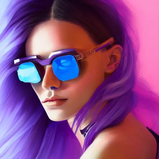 Image similar to closeup painting of a very beautiful young mexican cyberpunk woman with a smirk, wearing light blue shutter shades and a purple coloured leather jacket, one side haircut, long brown hair with light blue ends, portrait, hyperdetailed, artstation, cgsociety, 8 k, synthwave by tangerine dream