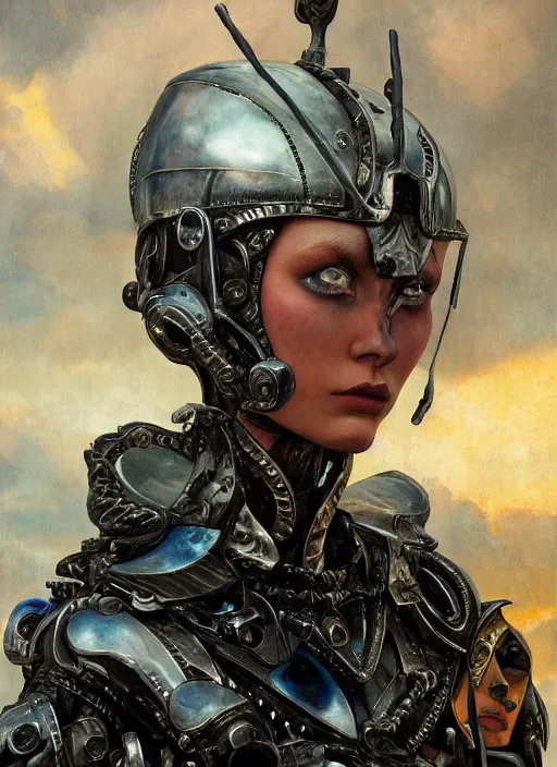 Image similar to symmetry! closeup portrait of a biblical diabolical hunter model girl, fashon cyborg armor, in clouds, strong studio lights, thunder, rain! storm, sunset, by gerald brom, by mikhail vrubel, by peter elson, high contrast, muted colors, extreme detail, mirrors, trending on artstation, 8 k