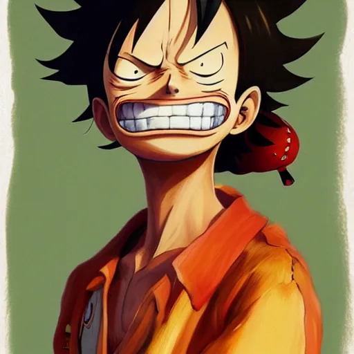 Prompt: portrait of Luffy From one piece looking to camera smiling , artwork and style by Sergey Kolesov, arstation,