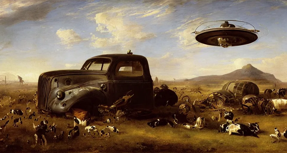 Prompt: Photograph of a UFO spacecraft mothership by Willem Cornelisz Duyster, a gentleman being pulled up in a tractor beam by Thomas Eakins and Franz Xaver Winterhalter in a field of cows, a 1950 rusted Ford Pickup Truck abandoned in the field, wide long view, f/11 aperture, unreal engine, deviant art, flickr, artstation, octane render, textured, colorful, hyperrealistic, physically based rendering, pbr render, very detailed, volumetric lighting, octane render, 4k, cinematic, 8k resolution,