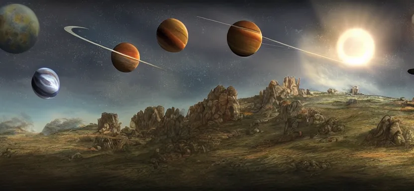 Image similar to a view of planets in the sky from horseback, medieval fantasy, digital art, extreme detail