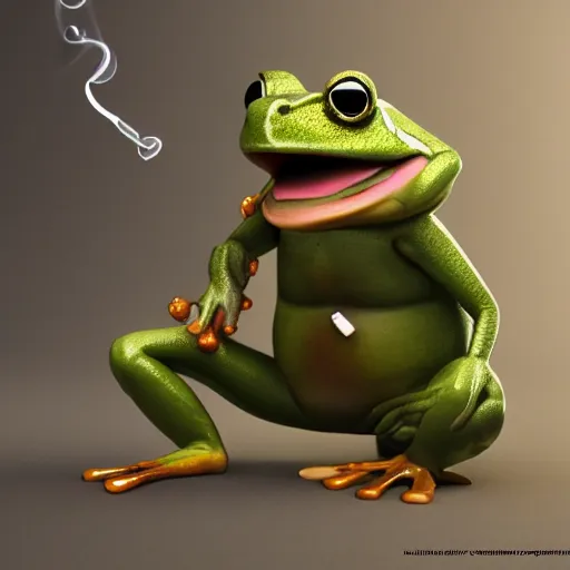 Image similar to a high quality photo of an antropomorphic frog wearing a suit smoking a cigar, 3d scene, render, ultra realistic, artstation, cgsociety