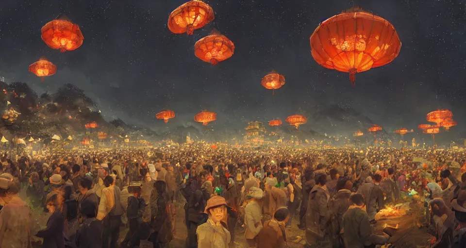 Prompt: craig mullins and ghibli digital art of zhongyuan festival in china ， lanterns in the sky, black night sky, stars, below is the crowd, rivers, villages ， unreal engine, hyper realism, realistic shading, cinematic composition, realistic render, octane render, detailed textures, photorealistic, wide shot