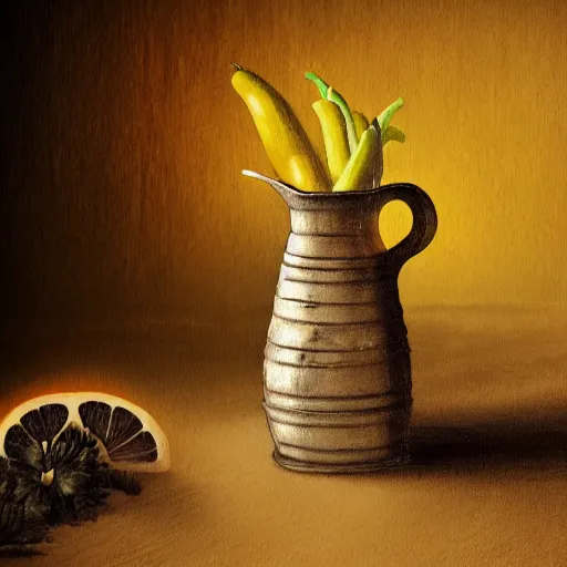 Prompt: still art, antique jug with palms inside on wooden antique table, old candle, much vegetables, lemon, orange, pepper, cinematic light, contrast shadows, dark light, detailed, digital art, concept art, trending on artstation, highly detailed, intricate, sharp focus, digital art, 8 k