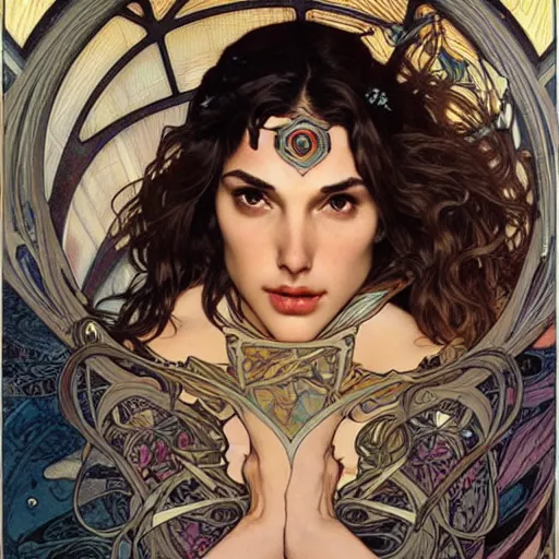 Prompt: realistic detailed face portrait of Gal Gadot by Alphonse Mucha, Ayami Kojima, Amano, Karol Bak, Greg Hildebrandt, and Mark Brooks, Art Nouveau, Neo-Gothic, gothic, rich deep colors