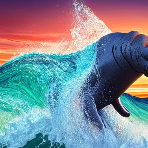 Image similar to a closeup photorealistic photograph of an energetic knitted tiger hippopotamus riding a large wave during sunset. surf in the background. professional capture. brightly lit scene. this 4 k hd image is trending on artstation, featured on behance, well - rendered, extra crisp, features intricate detail, epic composition and the style of unreal engine.