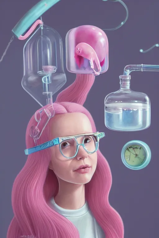 Prompt: highly detailed, profile portrait of adult princess bubblegum from adventure time, experimenting in her science lab, wearing lab coat and safety glasses, bubblegum hair, depth of field, illustration, concept art by nicoletta ceccoli, mark ryden, lostfish, detailed and intricate environment, 8 k resolution, hyperrealistic, octane render