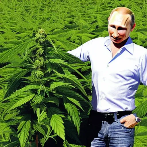 Image similar to Vladimir Putin holding a giant marijuana plant, detailed face, realistic face, photorealistic, highly detailed, cinematic