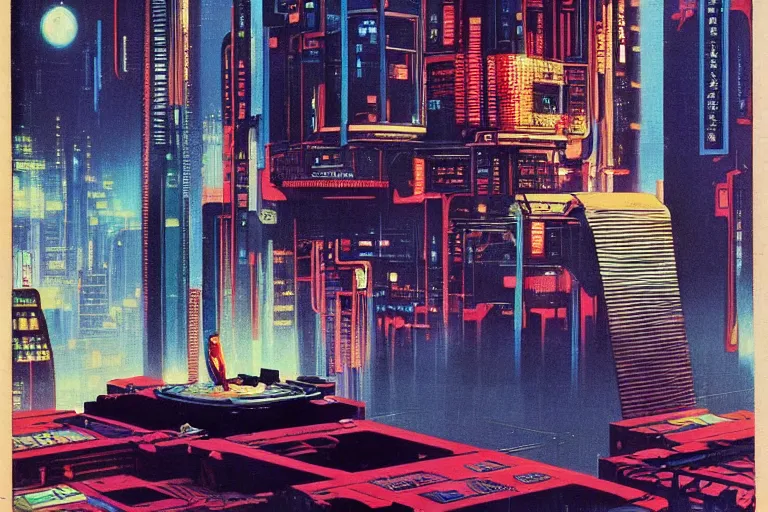 Prompt: 1979 OMNI Magazine Cover of an ornate oriental office with a window to neo-Tokyo streets in cyberpunk style by Vincent Di Fate