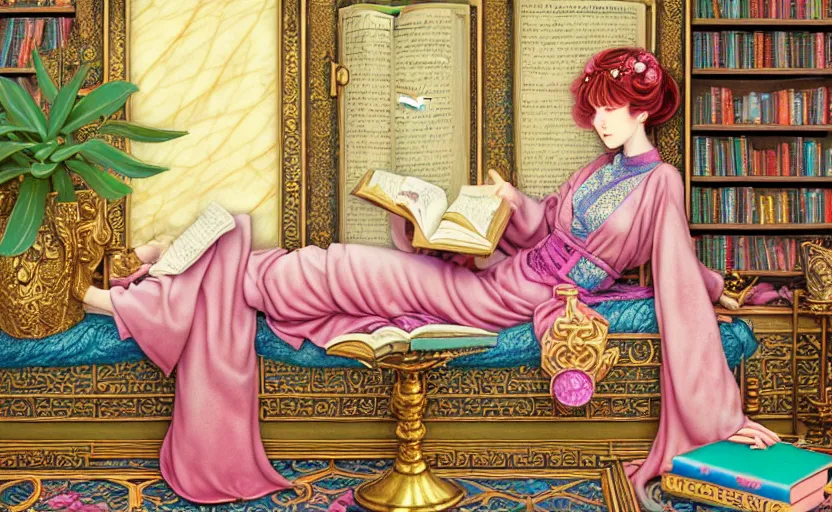 Image similar to a detailed fantasy pastel portrait of a woman wizard in ornate clothing lounging on a purpur pillow on the marble floor in front of her bookcase in a room, reading an ancient tome. to the side is a potted plant. ancient retrofuturistic setting. 4 k key art. raytracing, by chie yoshii and yoshitaka amano.