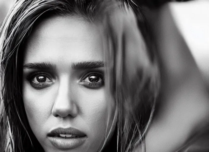 Prompt: a closeup, 4 5 mm, detailed photograph of a woman half jessica alba half nathalie portman half scarlett johansson, beautiful low light, 4 5 mm, by franz lanting